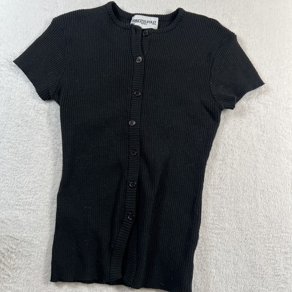 Princess Polly Shirt Womens 4 Black Ribbed Button Front Short Sleeve Top